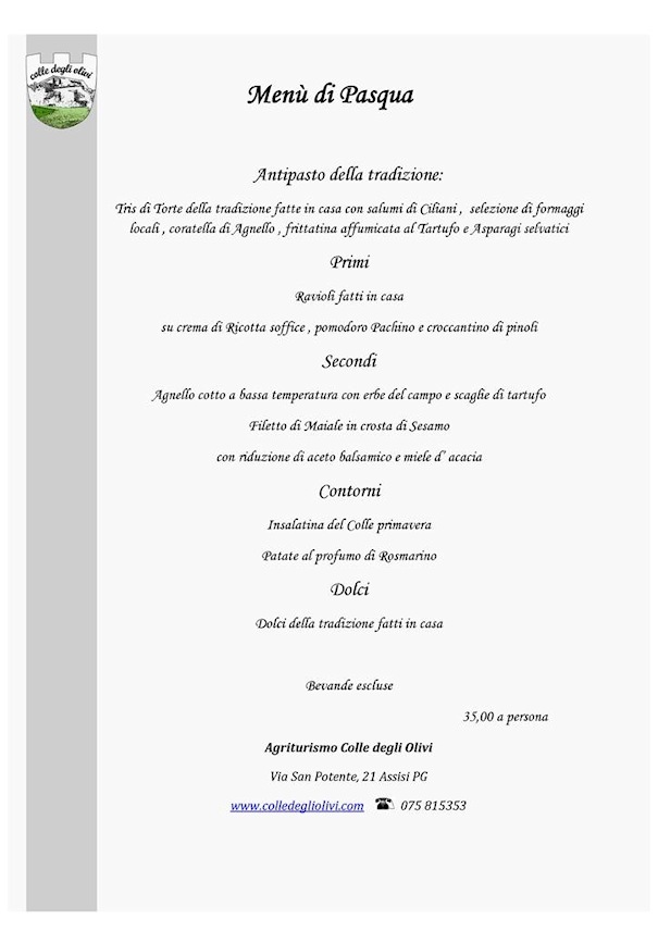 Menu Del Pranzo Di Pasqua Colle Degli Olivi Assisi Assisi Agriturismo Colle Degli Olivi Assisi